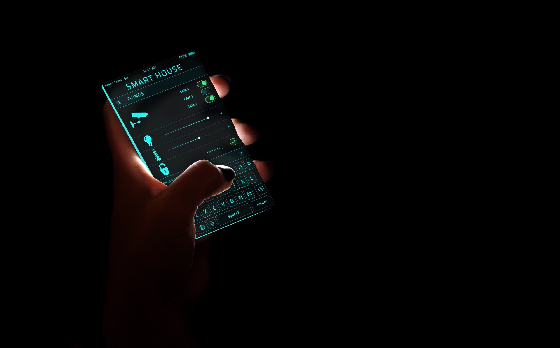 Hands operating smart thermostat on phone via app in the dark